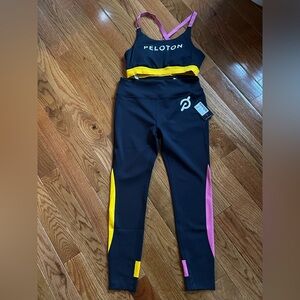 Peloton Set Black Leggings with Yellow & Pink Side Panels